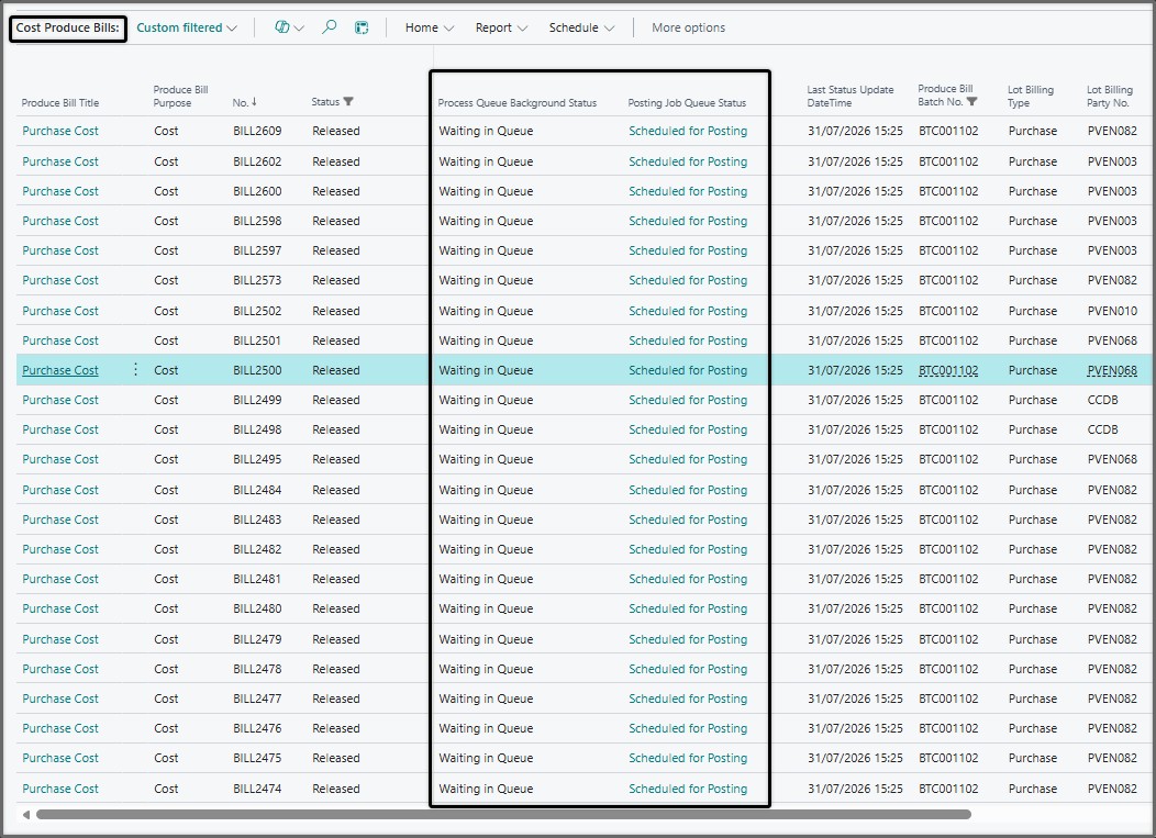 Bills submitted for posting, showing queue and posting status