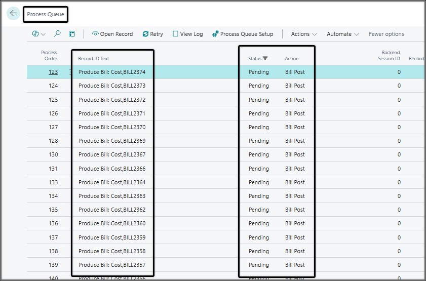 Process queue holding the submitted bills with a status of Pending, none posted yet