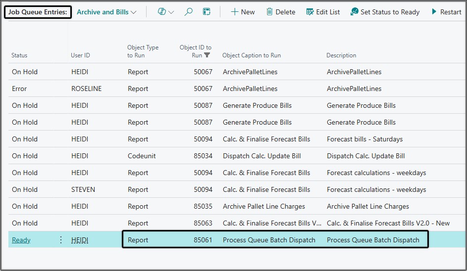 Job queue entry for the Process Queue Batch Dispatch report